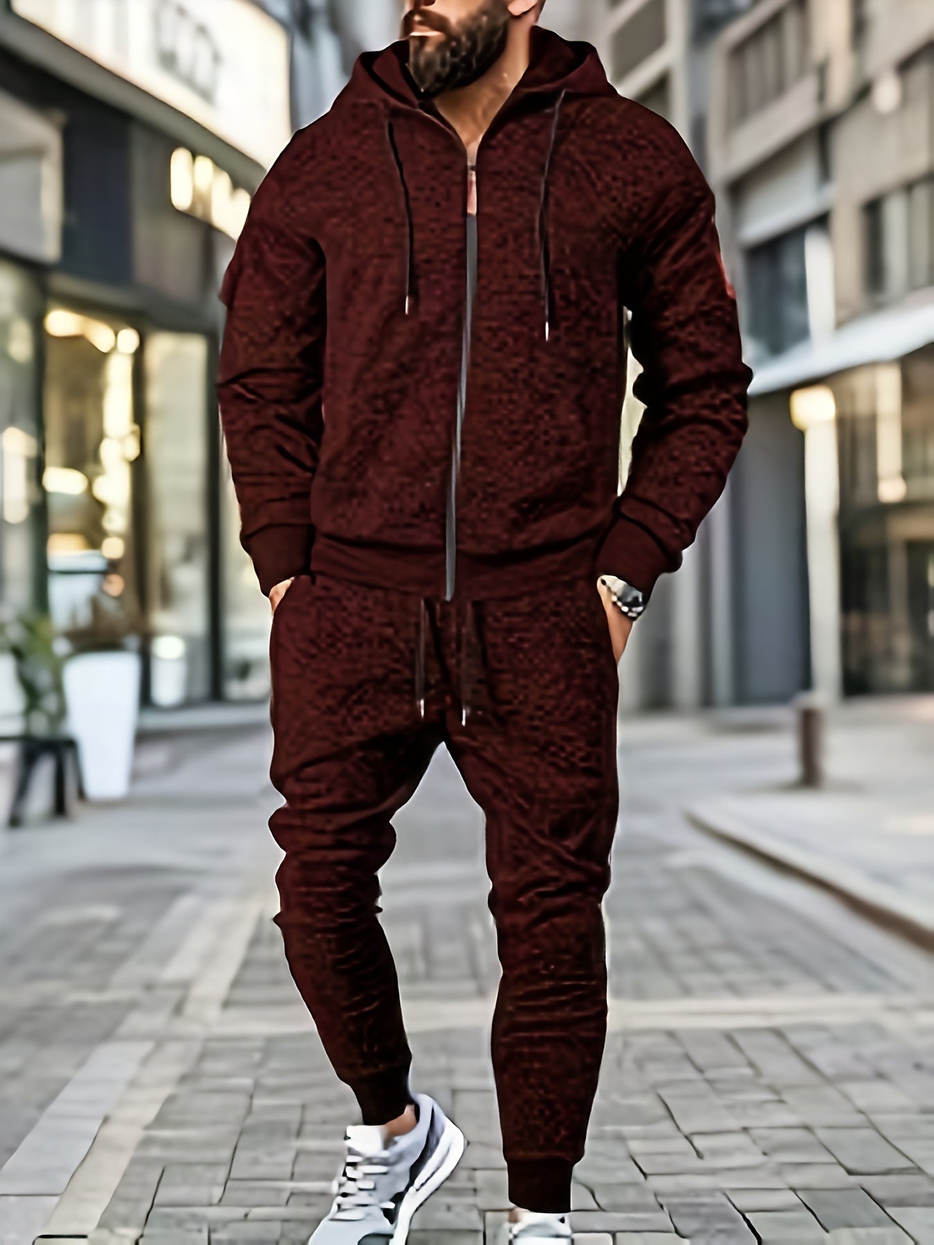 Men's Casual Sports Hoodie and Pants Set with Zipper, Drawstring, Fleece-Lined - Polyester Blend, Machine Washable
