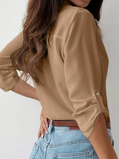 Elegant Solid Color Women's Shirt - Polyester, Button-Up, Non-Sheer, Machine Washable for Spring/Autumn