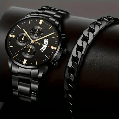 2pcs Men'S Quartz Watch Set with Concept Decorative Dial, Fashionable Wristwatch & Bracelet Combo - Shock-Resistant, Analog Display, Alloy & Stainless Steel Bands - Ideal for Birthdays & Holiday Parties, Gift for Men & Studen