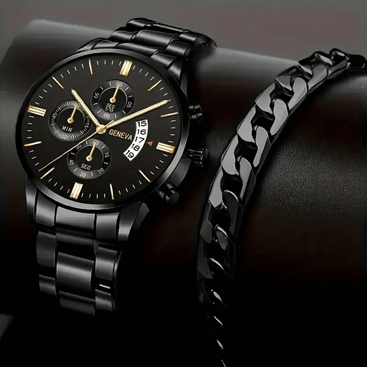 2pcs Men'S Quartz Watch Set with Concept Decorative Dial, Fashionable Wristwatch & Bracelet Combo - Shock-Resistant, Analog Display, Alloy & Stainless Steel Bands - Ideal for Birthdays & Holiday Parties, Gift for Men & Studen
