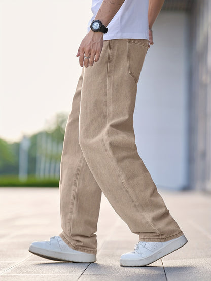 Men'S Casual Straight Leg Jeans, Loose Fit Denim Pants, 87% Cotton 7% Polyester 6% Viscose, All-Season Solid Color Washed Fabric, 290gsm Heavyweight - Gengyuanxuan #TB9005