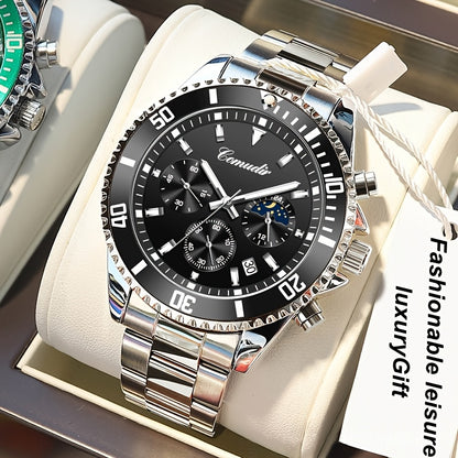 1pc New Fashion Stainless Steel Luxury Quartz Watch, High-end, Casual, Round Dial, Multi-scale, Night Light, Date Display, with Birthday, Holiday, Anniversary, for Men, Travel, Party
