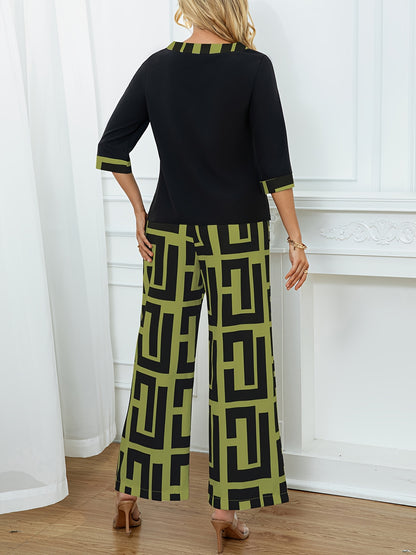 Women's Elegant Spliced Round Neck Top + Geometric Print Wide-Leg Pants Two-Piece Set