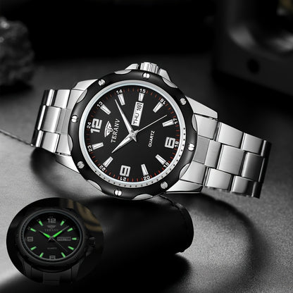 Elegant Men's Stainless Steel Quartz Watch - IPX7 High Quality, Luminous Hands, Date & Day Display, Business Casual Sporty Design for Everyday & Water Activities, Versatile Wristwatch, Sleek Strap Design, Glowing Markers