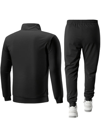 Men's Casual Sportswear Set: Spring/Autumn Stand Collar Jacket, Drawstring Elastic Waist Pants Two-Piece Set with Fashion Print, Men's Top and Bottom Outfit for Running Loungewear, Zipper Pocket Design