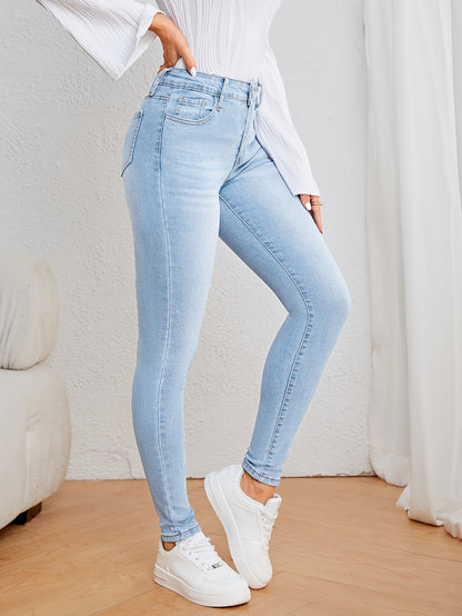 Women's Casual Plain Light Blue Skinny Jeans, Stretchy Denim Pants, Classic Design, High Waist Slim Fit For Everyday Fashion - Perfect For Fall & Winter