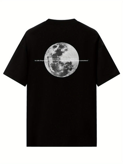Vintage Style Women's T-Shirt, 100% Polyester Knit Fabric, Alphabet Moon Print, Loose Fit Short Sleeve Tee for Spring/Summer