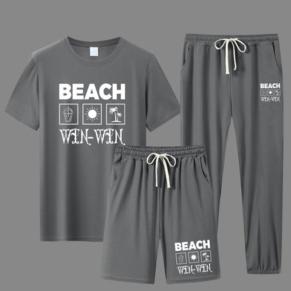BEACH Men's 3-Piece Casual Sportswear Set, Crew Neck Short Sleeve T-Shirt with Shorts and Long Pants, Versatile Simple Breathable Summer Outfits, Knit Fabric Regular Fit, 100% Polyester Material, Casual Style Lash Sets, Sligh