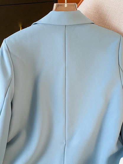 Chic Light Blue Slim-Fit Blazer կանանց համար. Նորաձև երկարաթև աշխատանքային գրասենյակային վերնազգեստ ոսկե կոճակով, էլեգանտ պոլիեսթեր գործվածք, կատարյալ գարնան և աշնան համար