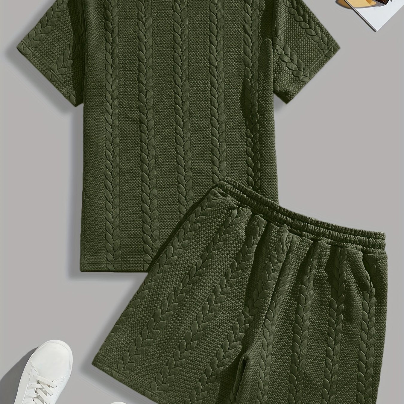 Casual Crew Neck Short Sleeve T-Shirt & Drawstring Shorts - Brown, Summer Outfit
