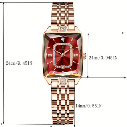 POEDAGAR Elegant Women's Quartz Watch - Rose Golden Stainless Steel, (3ATM), Square Dial with Gemstone Accents, Date Display, Luxury Fashion Accessory for Casual or Formal Occasions