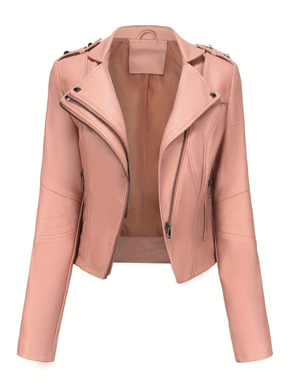 Women'S Casual Faux Leather Jacket, Solid Color, Long Sleeve, Regular Length, Fall/Winter, Zipper Placket, Woven, Non-Stretch Fabric, 100% Polyurethane, Lapel Collar, Dipped Hem Detail