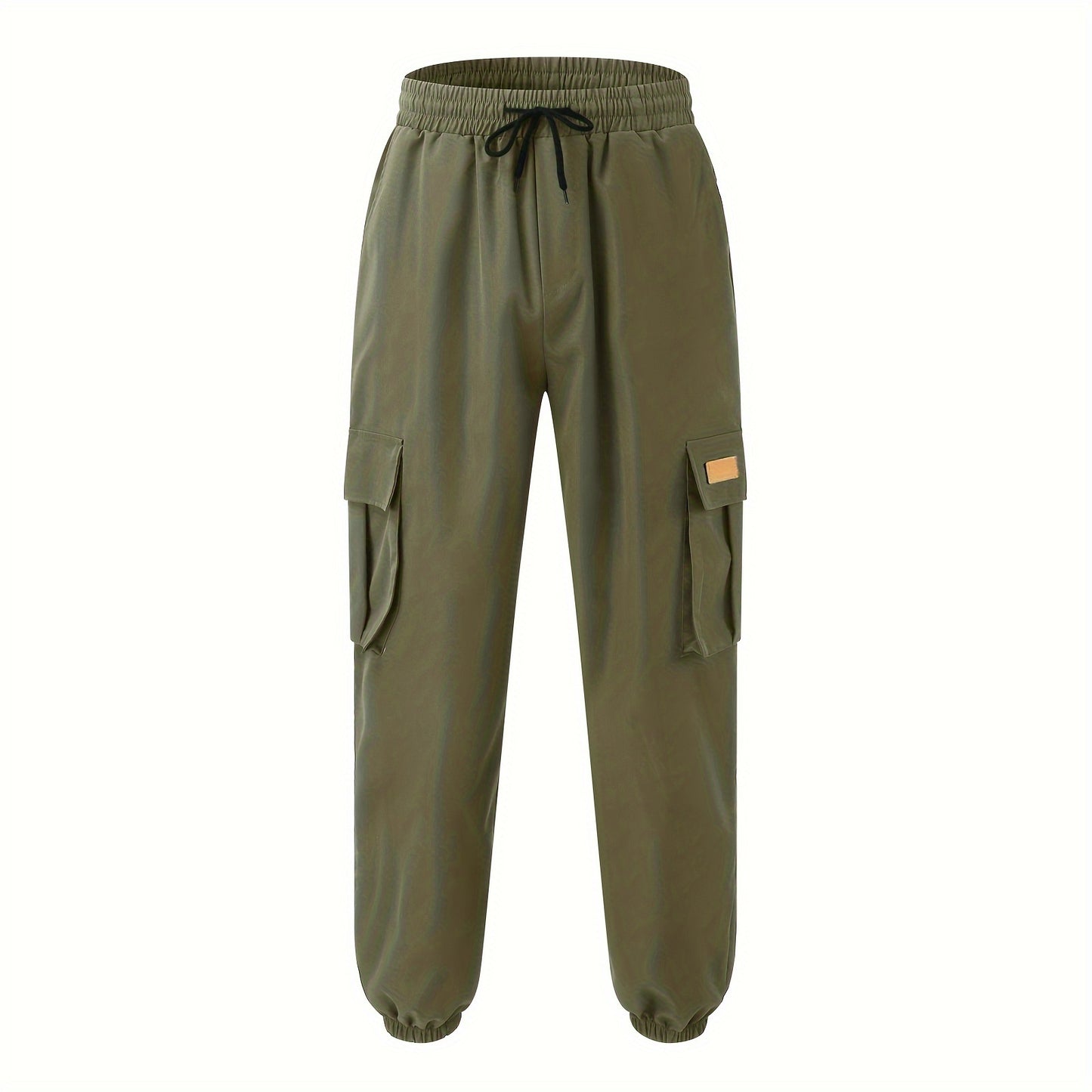 Men'S Fashion Cargo Pants, 100% Polyester Woven Fabric, All-Season Loose Fit with Drawstring Waist, Multi-Pocket Design, Solid Color, Mid Waist, Regular Length, Non-Stretch, Casual Joggers for Weekend - 160g/m²