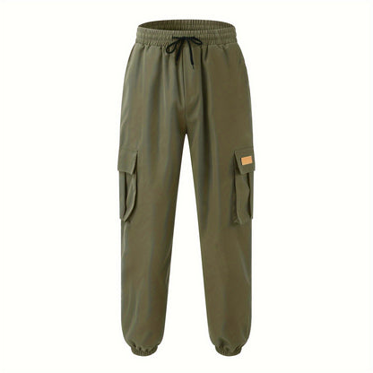Men'S Fashion Cargo Pants, 100% Polyester Woven Fabric, All-Season Loose Fit with Drawstring Waist, Multi-Pocket Design, Solid Color, Mid Waist, Regular Length, Non-Stretch, Casual Joggers for Weekend - 160g/m²