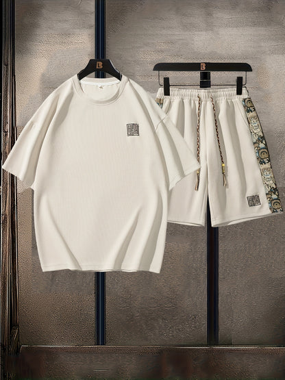 Men's Summer Casual Fashion Set: Embroidered Loose-Fit T-Shirt & Shorts - Breathable Polyester Blend, Non-Stretch Fabric, Pineapple, Sports Set