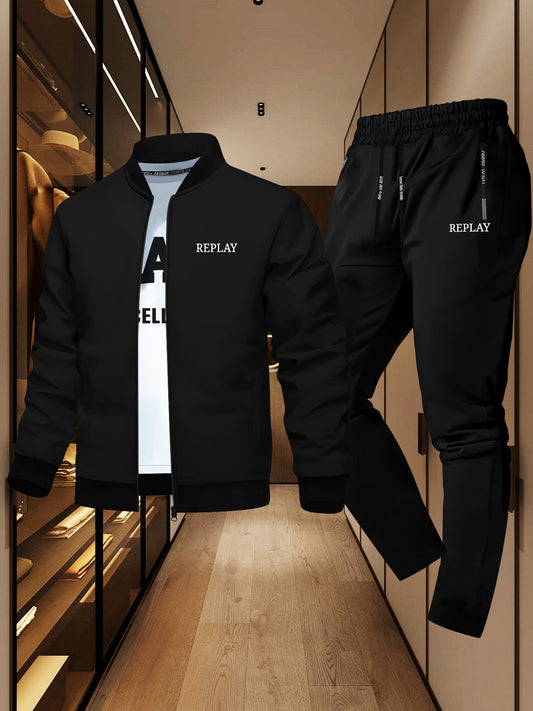 Men'S Casual Two-Piece Set - Black Jacket & Pants with "REPLAY" Print, Zip-Up, Long Sleeve, Polyester, Casual Attire|Casual Style|Zipup Jacket