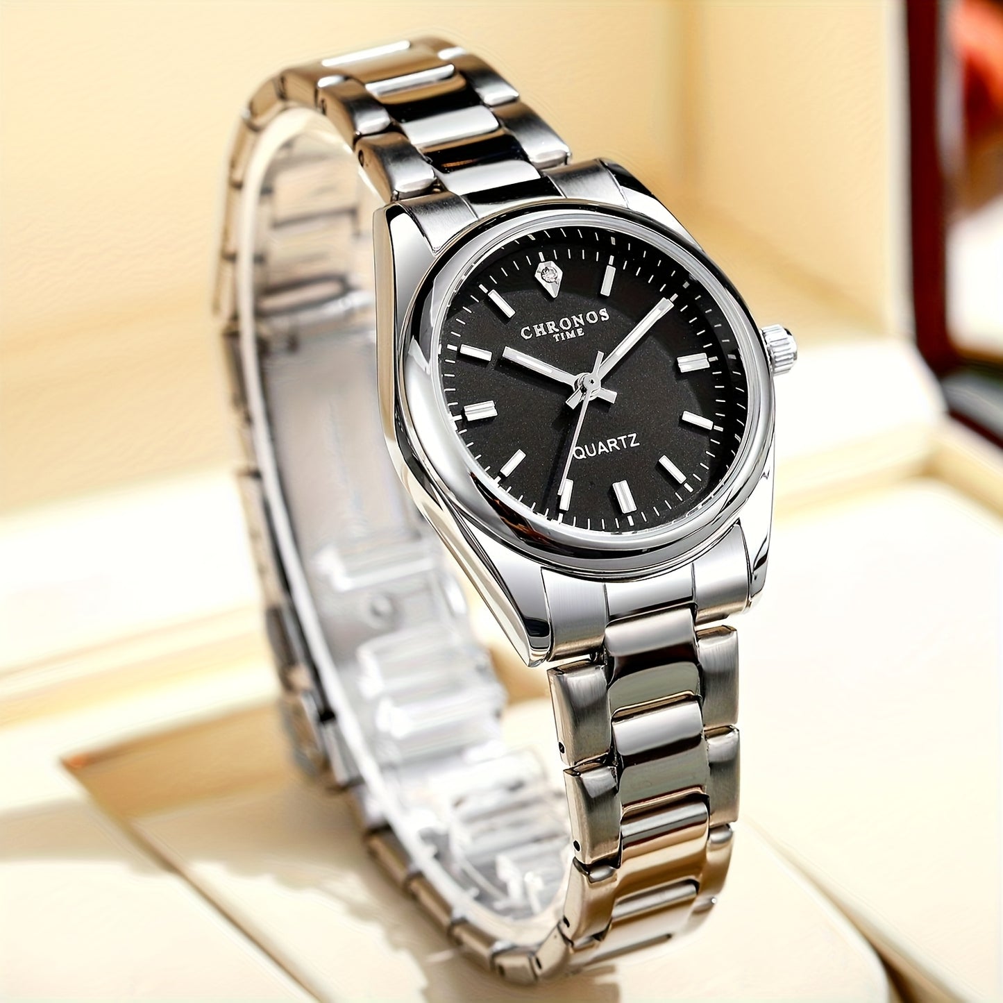 CHRONOS Women'S Quartz Watch - Elegant Stainless Steel Strap, Luminous, Round Dial, Business Casual Style, Perfect for Commuting and Casual Attire, Date Display, Pointer Display, Zinc Alloy Case, Button Battery Powered, Timer