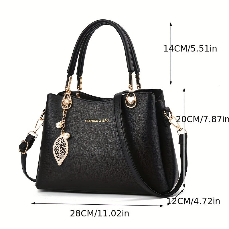 Elegant Wo 's Handbag with Detachable Shoulder Strap, Golden-Tone Hardware & Chic Leaf Charm - Stylish White Satchel for Everyday Use, Casual Chic Bag | Stylish Charm Handbag | Bag