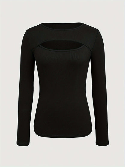 1pc Essence Women'S Elegant Ribbed Long Sleeve T-Shirt, Polyester and Spandex Blend, Hollow-Out Detail, Solid Color, Crew Neck, Regular Length, Knitted Fabric - Autumn/Winter Collection