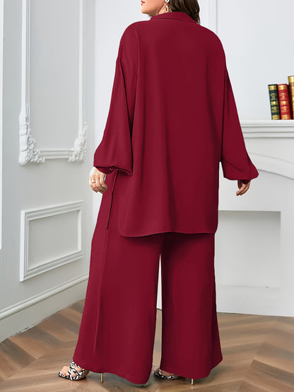 Elegant Plus Size Women'S Two-Piece Set: Stylish V-Neck Blouse & Wide Leg Pants - Perfect for Formal Occasions, Plus Size Blouses