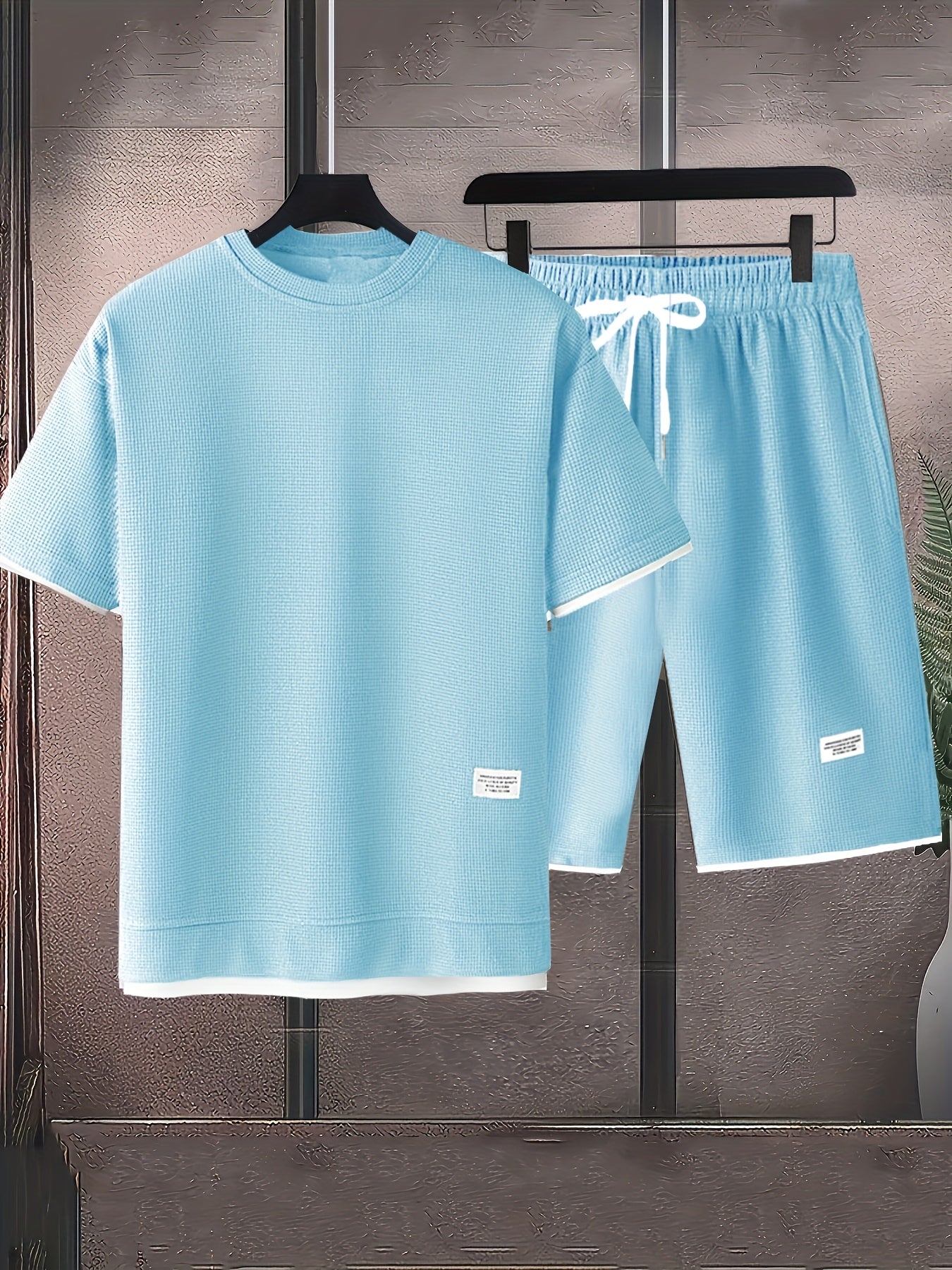 Waffle short-sleeved T-shirt Men's casual sports suit summer loose fake two-piece half-sleeve T-shirt set