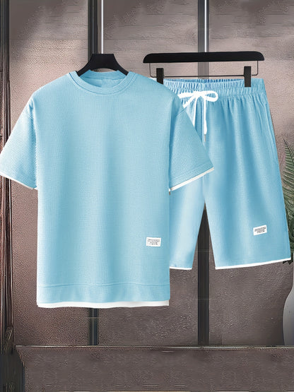 Waffle short-sleeved T-shirt Men's casual sports suit summer loose fake two-piece half-sleeve T-shirt set