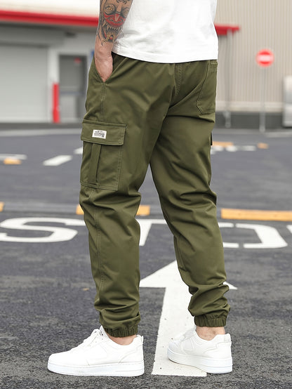 1pc Men'S Casual Polyester Cargo Pants - Mid Waist Elastic Joggers with Multiple Pockets, Non-Stretch Solid Color, Regular Fit for Weekend Wear - Spring/Fall Fashion Trousers