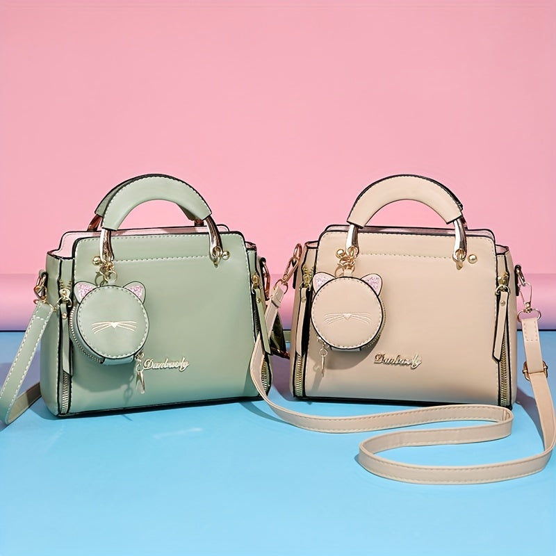 Women'S Fashion 2023 Embroidered Cat Design Messenger Bag, Removable Strap, Zipper Closure, Polyester Lined, Casual Shoulder Handbag with Edge Paint Detail