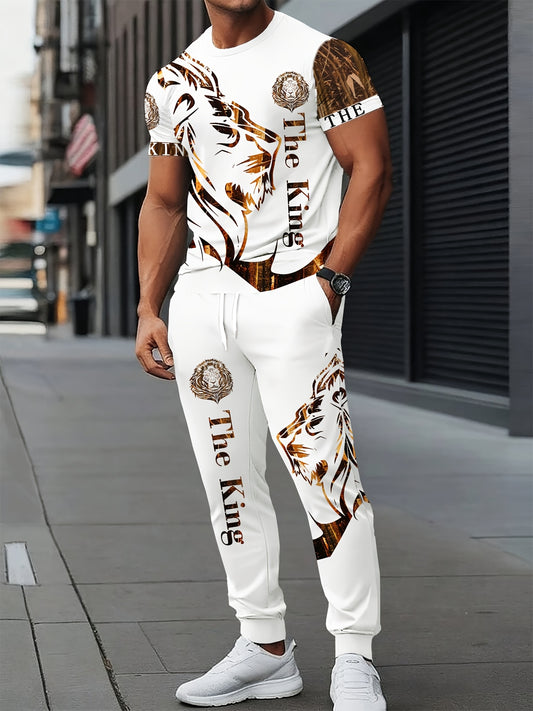 Stylish Lion 3D Print Short Sleeve Crew Neck Men'S Street Casual Suit, Casual Choice, Breathable Outdoor Leisure T-Shirt and Five-Pocket Pants Set Summer 3D Print Adult Suit
