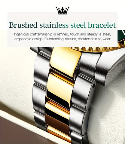 OLEVS Men'S Luxury Quartz Watch - Green Dial, Stainless Steel Band, Luminous Pointer Display, Quartz Movement, Electronic Drive, Zinc Alloy Case, Ideal for Business Casual Wea