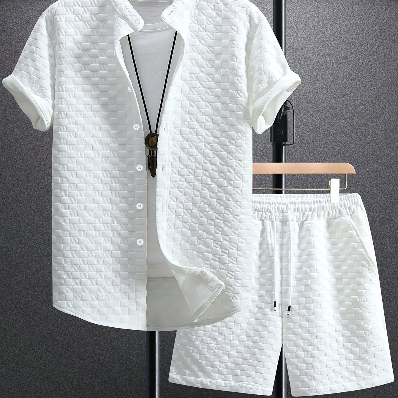 Men'S Casual Summer Short Sleeve Shirt & Shorts Set - Light Blue, Button-Up, Polyester, Perfect for Casual Attire, Parties, and Outdoor Activities, Casual Summer Wear|Short Sleeve Shirt|Polyester Fabri