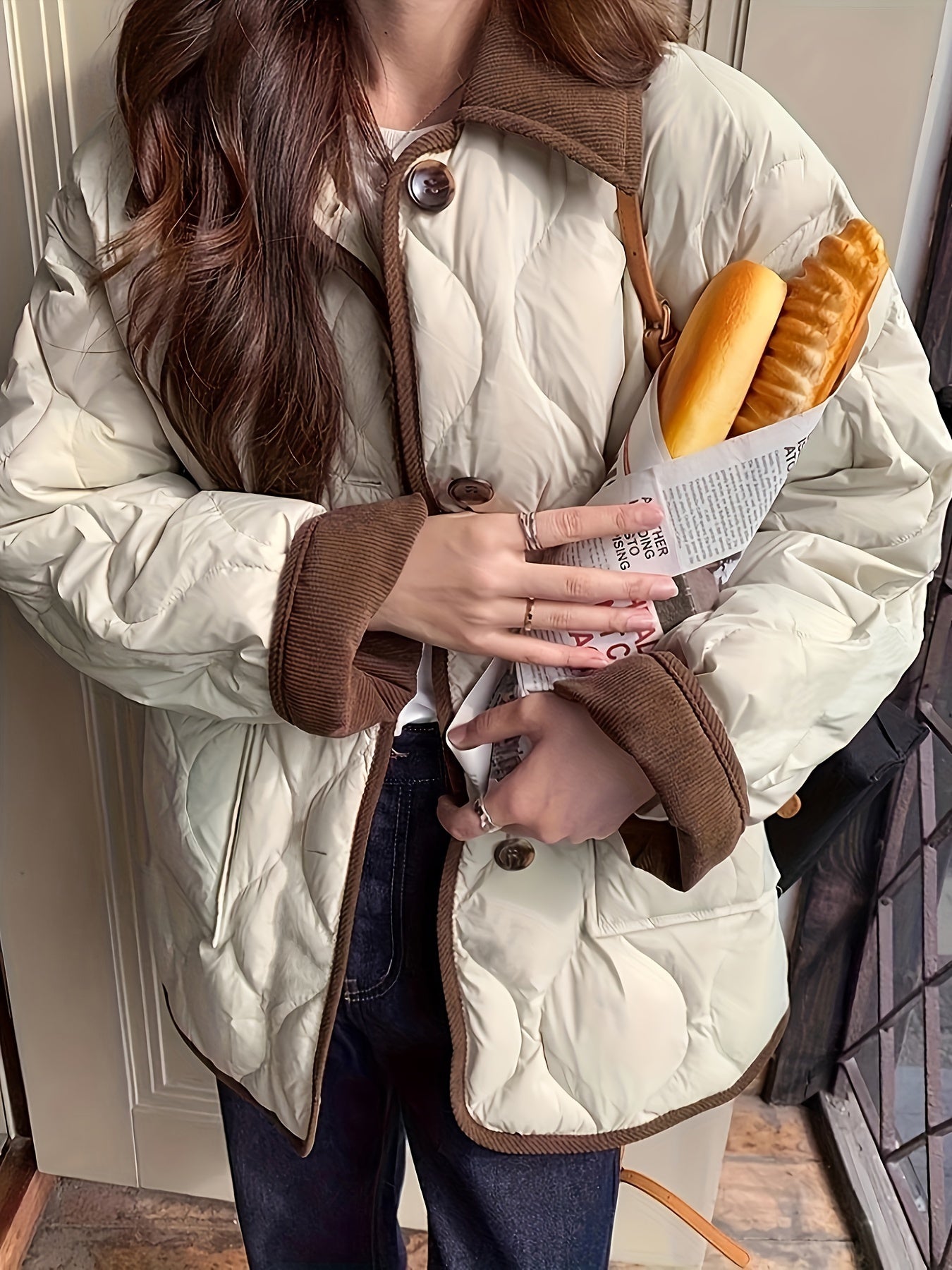 Women's Navy Blue Quilted Jacket with Faux Fur Trim - Elegant Long Sleeve Outerwear, Polyester, Button-Up Front, Warm & Stylish for Winter