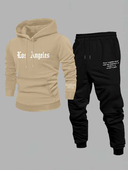 Men'S Los Angeles Print Hoodie And Sweatpants Set - Casual American Streetwear Style, Cozy Fall/Winter Activewear with Geometric Pattern, Slight Stretch Fabric, Hooded Top & Joggers, Casual Wear|Geometric Pattern Hoodiee Jogg