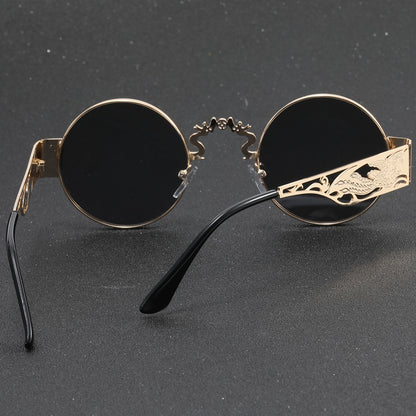 A Pair Of Men's Stainless Steel Retro Round Frame Glasses, Chinese Dragon And Phoenix Carving Hollow Arms, Casual Hip-hop Punk Street Party Fashion Trend Decorative Glasses, With PC Lenses