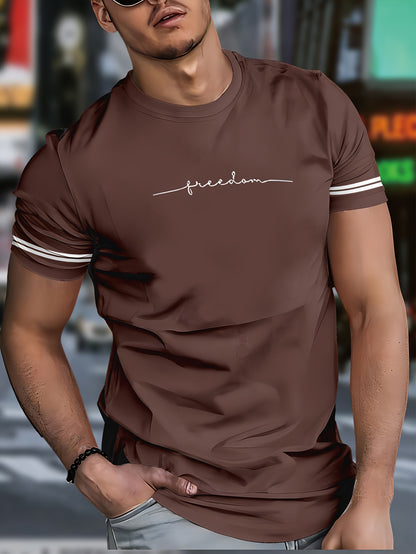 Men'S "Freedom" Graphic T-Shirt - Black Casual Crew Neck Tee with White Stripes, Breathable Polyester Blend, Regular Fit for Casual Attire, Everyday Tshirt | Bold Print Tee | Comfortable Fit, Knit
