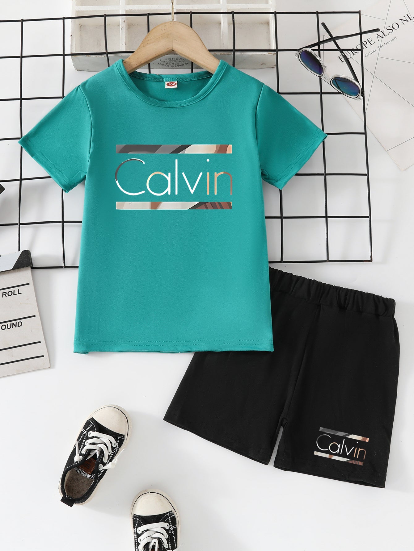 2pcs - Youngsters' Short Sleeve Shorts Set - Street Style Casual "Calvin" Letter Print, Vibrant Design - Summer Outdoor Outfit, Polyester Fabric, Comfortable for All Seasons, Daily Wear | Lively Printed Top | Stretchy Materia