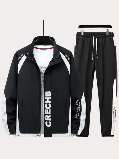 Unisex Sportswear Set for Spring And Autumn, Featuring a Zip-Up Jacket with a Stand Collar And Striped Long Pants in Black And White, a Stylish Outfit That Makes a Great Gift, Sweat-Resistant, Hand Wash Only, Workout Accessor