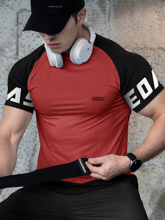 Men's Quick-Dry Breathable Mesh Sports T-Shirt - Summer Gym Workout Top with Contrast Black & White Sleeves & for Man Letter Print, Slim Fit for Running Training Casual Wear, Breathable Running Gear | Sporty Casual Tee | Mesh