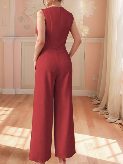 Design-Savvy Red Mini-Chic Sleeveless Suit Vest and Wide-Leg Pants Two-Piece Set