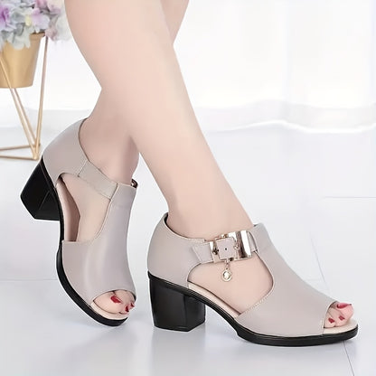 Elegant Women'S Open-Toe Chunky Heel Shoes - Comfortable Mid-Height with Golden Buckle Strap, Breathable Cut-Out Design, Shock-Absorbing Insole & Durable Rubber Sole for Summer Casual & Formal Occasions, High Heel Footwear, D