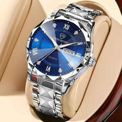 Men'S Quartz Business Watch with Rhinestone-Embellished Luminous Dial, Stainless Steel Strap & Case, Date & Day Display, IPX7 Water-Resistant - Ideal for Travel, Work, Outdoor - Perfect Gift for Birthdays, Holidays, Anniversa