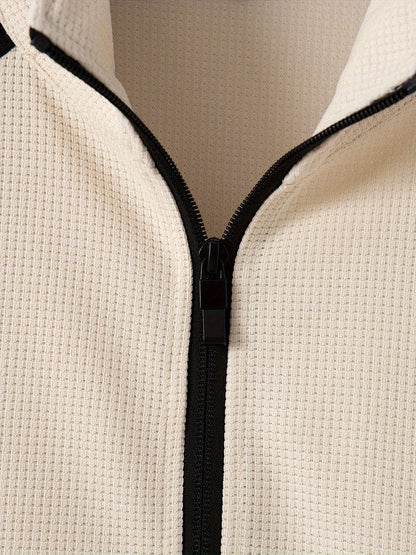 Men's Sporty Color Block Zip-Up Jacket & Joggers Set - Polyester Blend, Perfect for Spring/Fall