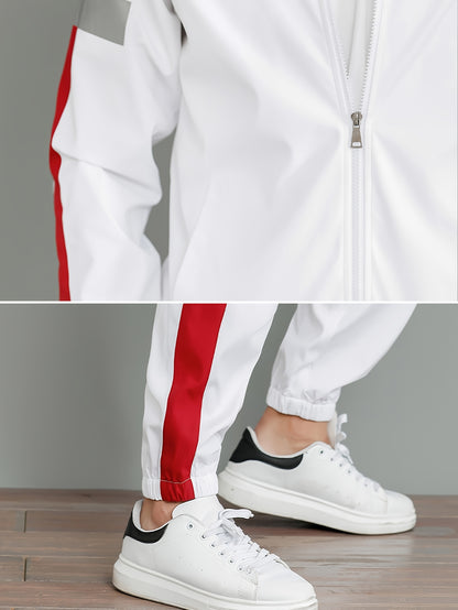 Men's Casual Sportswear Set - Black and White Striped Zip-Up Jacket with Reflective Accents & Matching Joggers, Polyester, Machine Washable, Ideal for Spring & Fall, Jogging Pants
