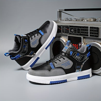 Men's Skate Shoes with Good Grip & Breathable Design - PU Upper, Cushioned PVC Sole, Black/Blue Letter Pattern Lace-Up Sneakers for All-Season Casual & Sports Wear, Allseason Shoes | Modern Casual Shoes | Comfortable Wear