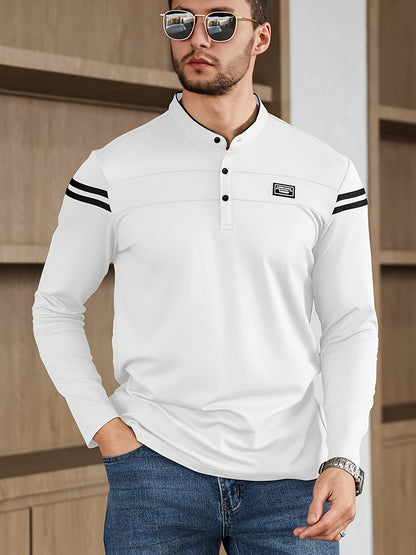 Men'S Casual Long Sleeve T-Shirt - Solid Color with Stand Collar & Stripe Polo, Button-Up Front, Ideal for Outdoor Activities