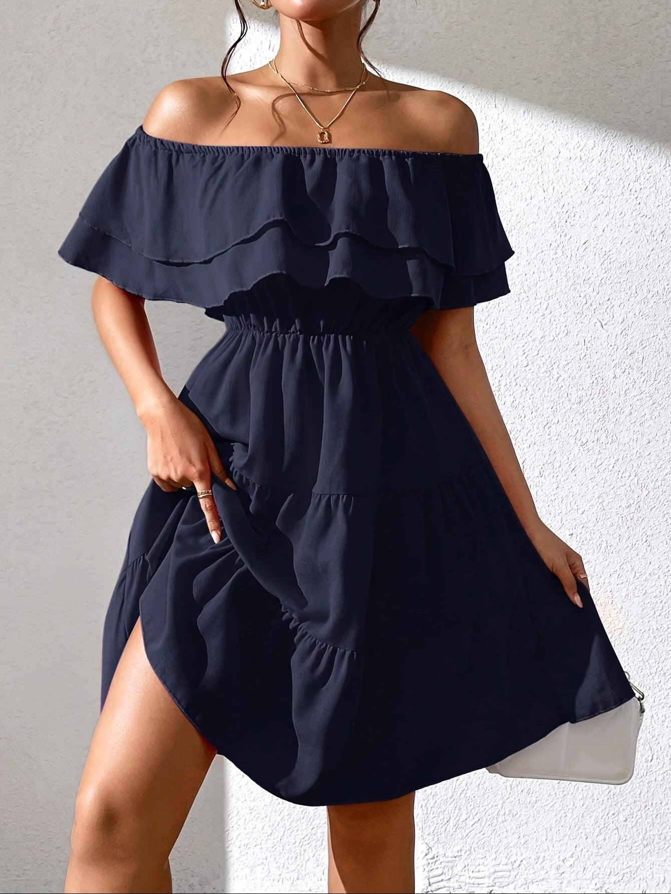 Կանացի «Off the Shoulder Ruffle» Casual զգեստ, պոլիեսթեր 100%, միաձույլ, կահավորված, հյուսված, բոլոր սեզոնների համար