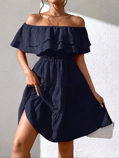 Կանացի «Off the Shoulder Ruffle» Casual զգեստ, պոլիեսթեր 100%, միաձույլ, կահավորված, հյուսված, բոլոր սեզոնների համար