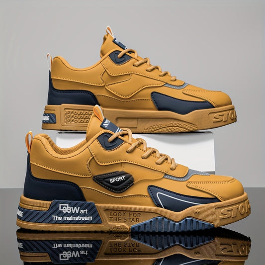 Men'S Colorblock Skate Sneakers - Breathable, Non-Slip Casual Shoes with Lace-Up Design, Perfect for Walking, Jogging & Training - All-Season Comfort in Yellow & Blue with Sporty Branding, Casual Sneakers | Colorblock Design