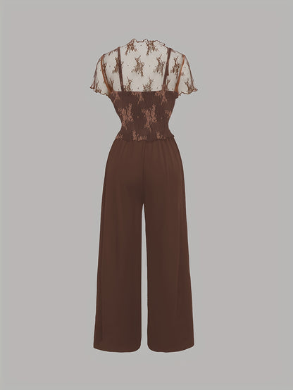 Elegant Mesh Long Sleeve Crop Top & Bodycon Wide-Leg Jumpsuit Set - Chic V-Neck, Ruched Detail, Black Mesh Blouse with Spaghetti Straps, Wide Leg Pants for Spring/Summer, Women'S Fashion, Clothing | Relaxed Fit | Chic Desig