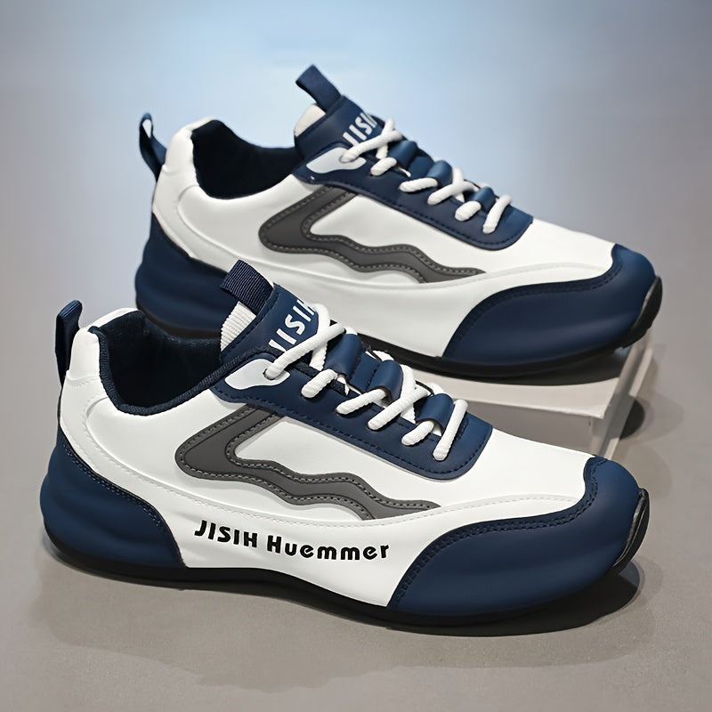 Men's Breathable Color-Block Low-Top Running Shoes - White & Navy Blue Contrast Design, Durable PU Upper & PVC Sole, All-Season Non-Slip Traction for Gym, Jogging, Casual Wear, Jogging Footwear | Sporty Look | Fabric Lined In